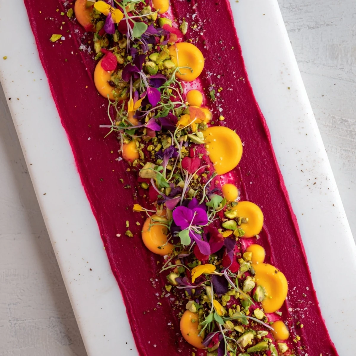 Vibrant layers of The Modernist Stripe: a beet, carrot, and avocado purée appetizer, beautifully plated.