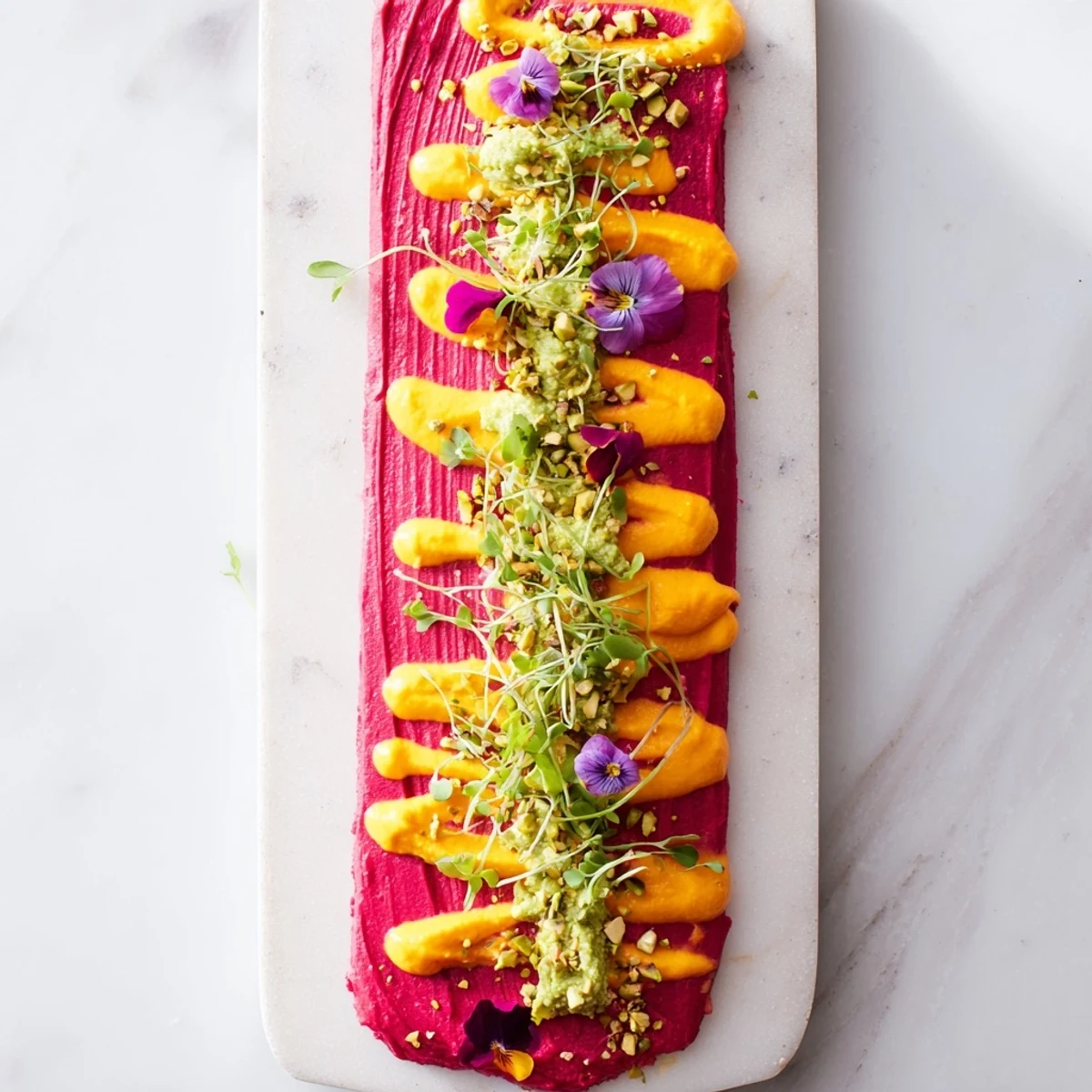 Smooth, colorful stripes of The Modernist Stripe, garnished with microgreens, waiting to be savored.