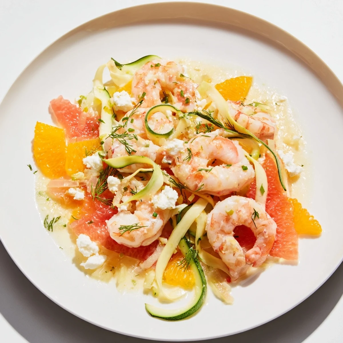 Vibrant "Coral Reef" dish: tender pink shrimp nestled with citrus, and bubbly Gruyère.