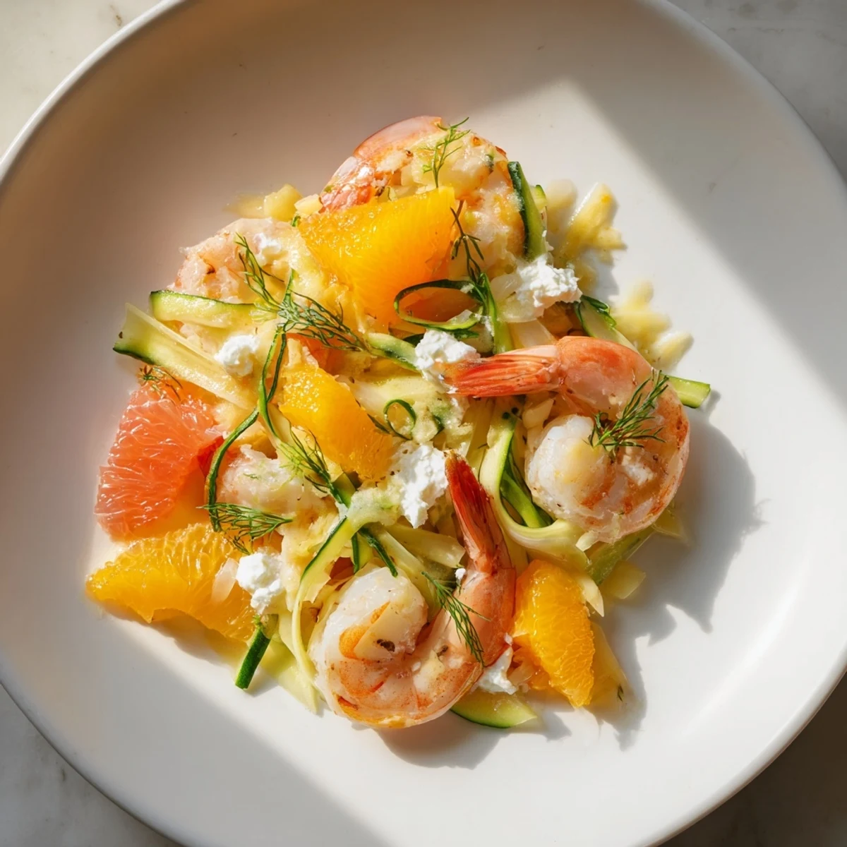 Colorful "The Coral Reef" main dish featuring perfectly cooked shrimp and bright citrus segments.