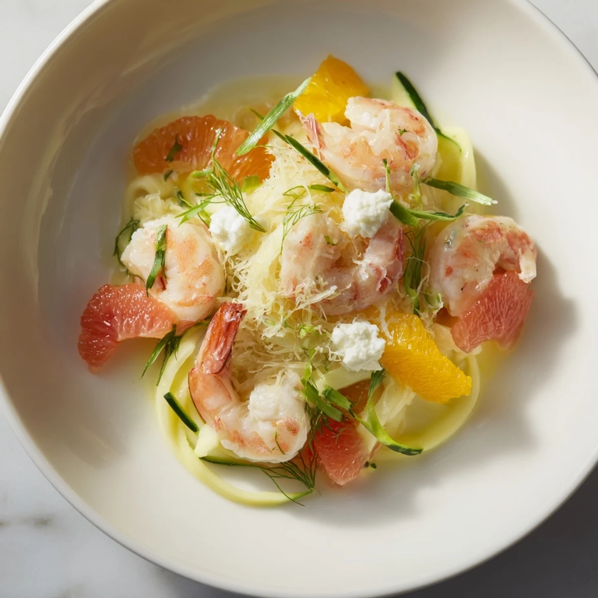 Ocean-inspired "The Coral Reef" food: pink shrimp and citrus with browned, bubbling Gruyère topping.