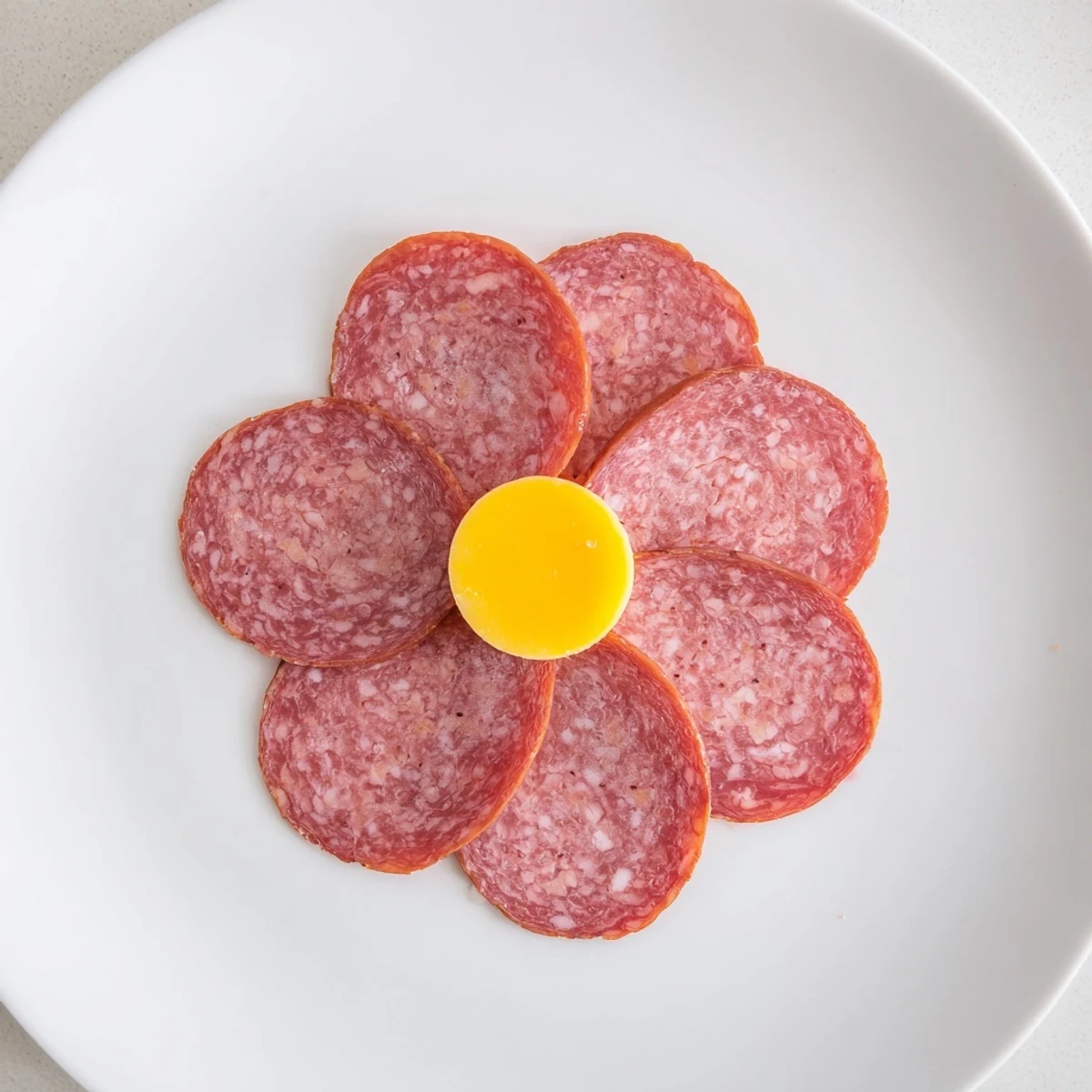 A vibrant Tudor Rose appetizer showcases salami petals around a yellow cheese center, quite delicious.