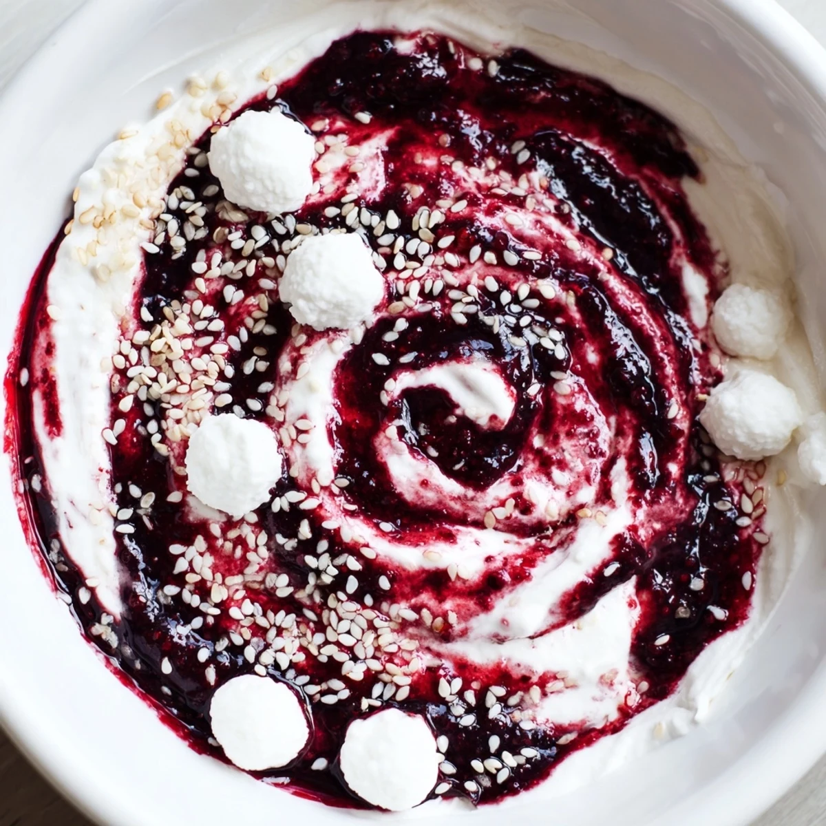 Elegant Galaxy Spiral dessert with vibrant berry jam swirled in creamy yogurt, sprinkled with sesame seeds.