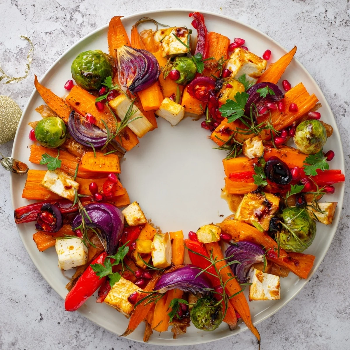 Roasted Festive Vegetable Christmas Wreath, a colorful and delicious holiday main dish.