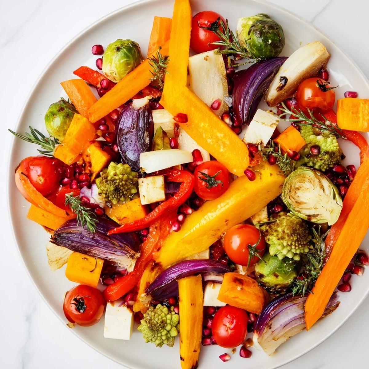Vibrant Festive Vegetable Christmas Wreath, a roasted veggie wreath with herbs and pomegranate seeds.