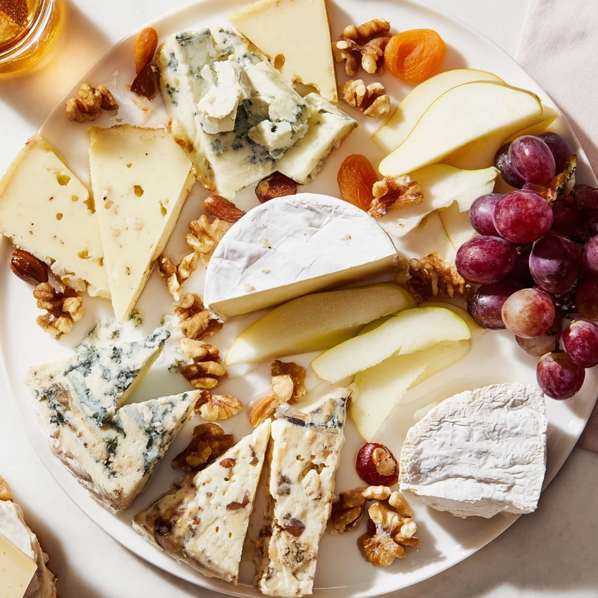 A gourmet cheese platter featuring brie, comté, and more, ready for entertaining guests.