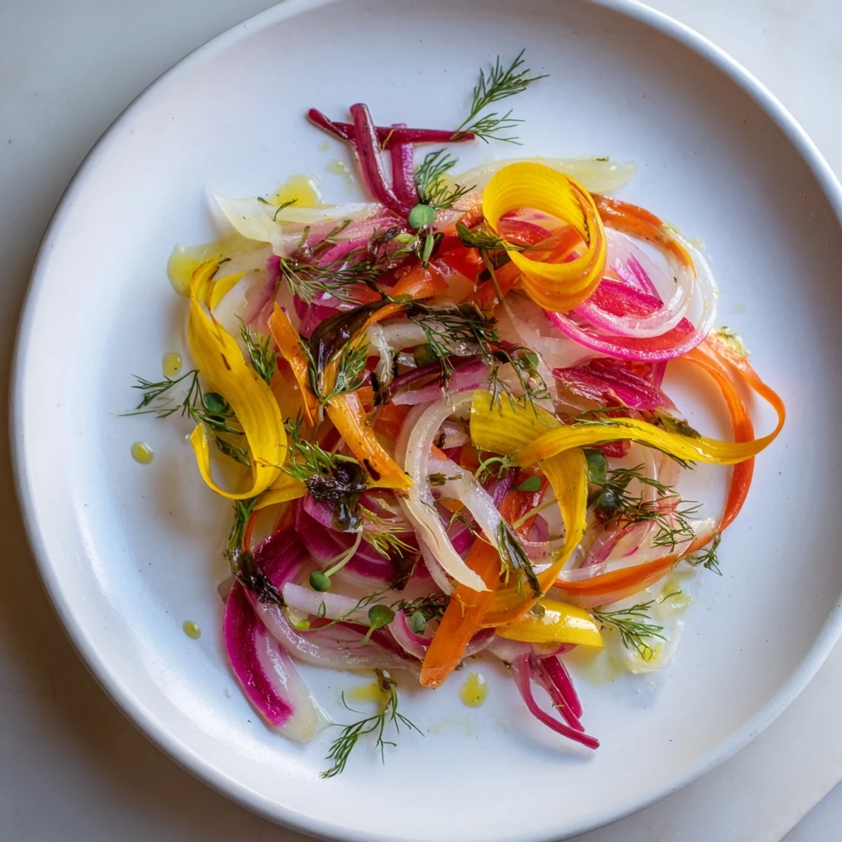 The Spinning Top salad, a vibrant circular arrangement of colorful shaved vegetables and fresh herbs.