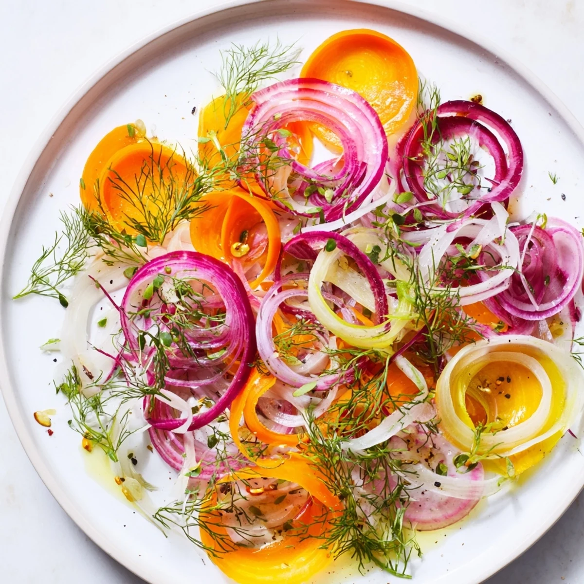 Vibrant light from above illuminates The Spinning Top salad, highlighting textures of fresh, shaved vegetables.