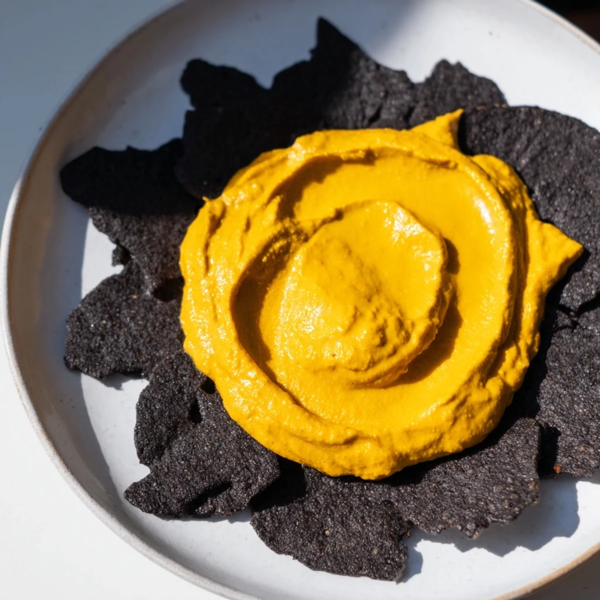 Vibrant Midnight Sun appetizer: Creamy carrot dip encircled by dark charcoal crackers for a dramatic presentation.