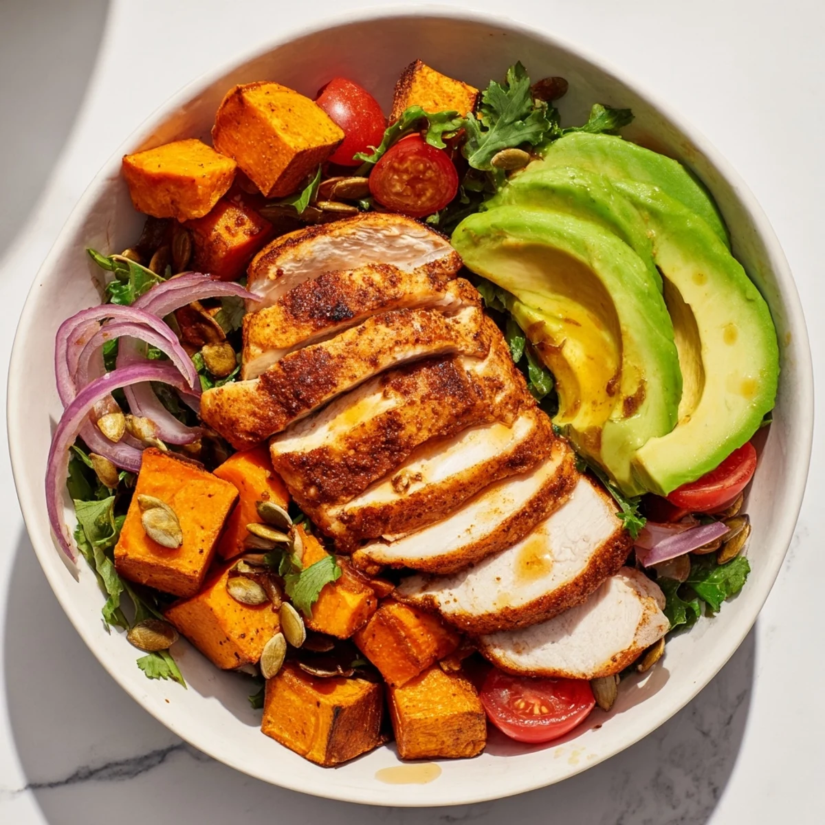 Vibrant Avocado and Sweet Potato Chicken Bowl with grilled chicken, drizzled with hot honey, ready to eat.