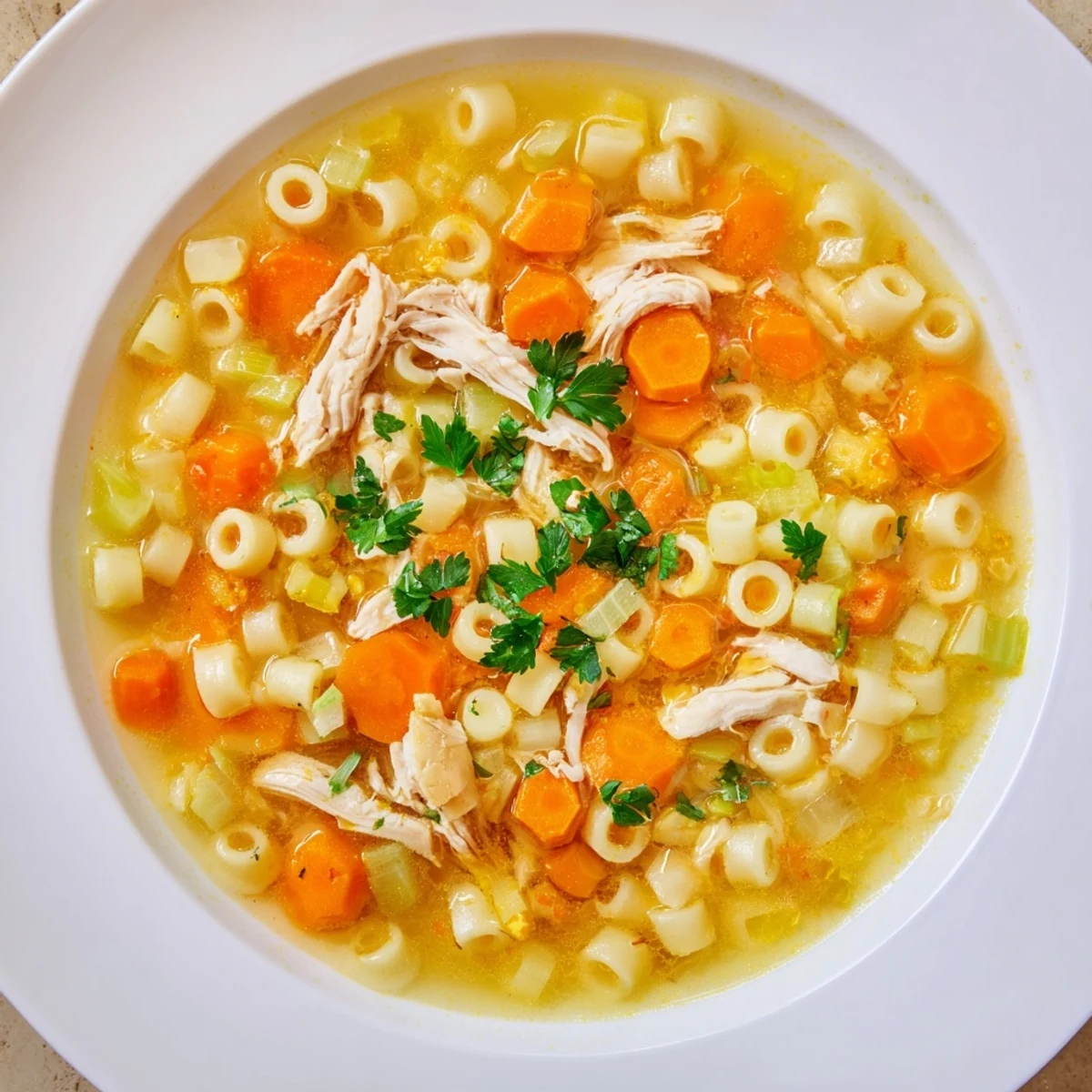 Steaming bowl of Chicken and Ditalini Flu Fighter Soup, garnished with fresh parsley, perfect for a cold day.