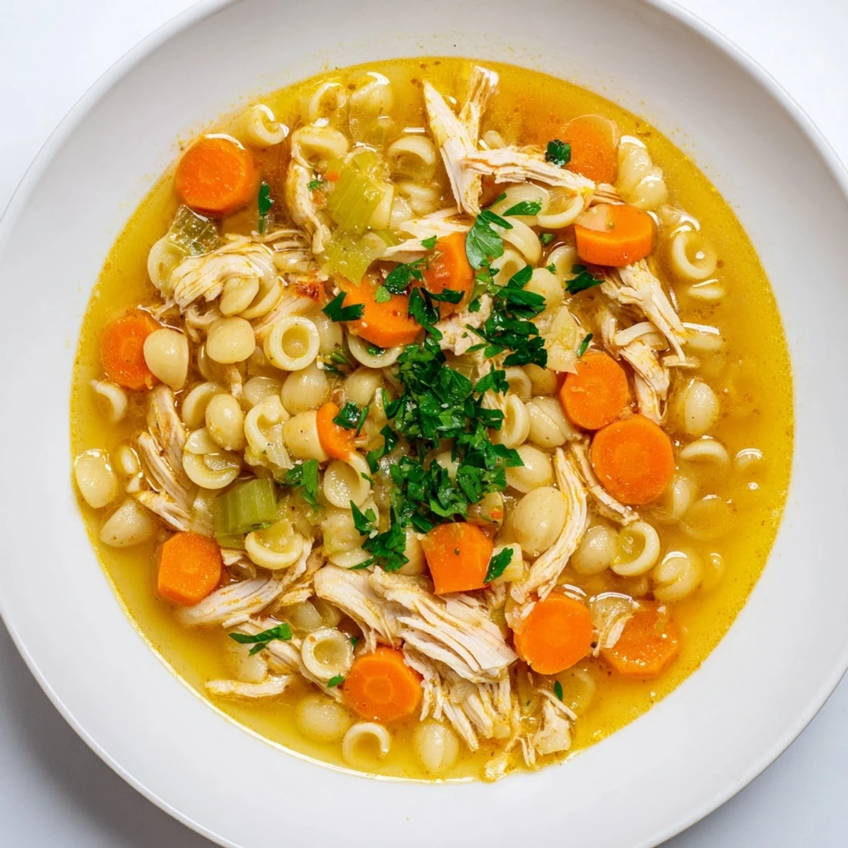 Spoonful of flavorful Chicken and Ditalini Flu Fighter Soup with tender chicken and small pasta.