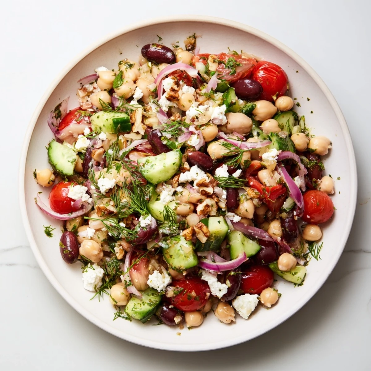 This refreshing Dense Bean Salad with Sleepy Girl Mocktail Dressing showcases a hearty bowl of wholesome ingredients.