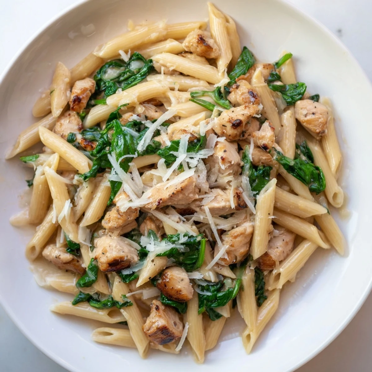 One-Pot Spinach and Chicken Pasta, a hearty dish with vibrant spinach, ready to serve.