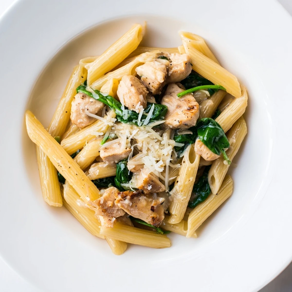 Steaming One-Pot Spinach and Chicken Pasta filled with tender chicken and savory broth for a quick dinner.
