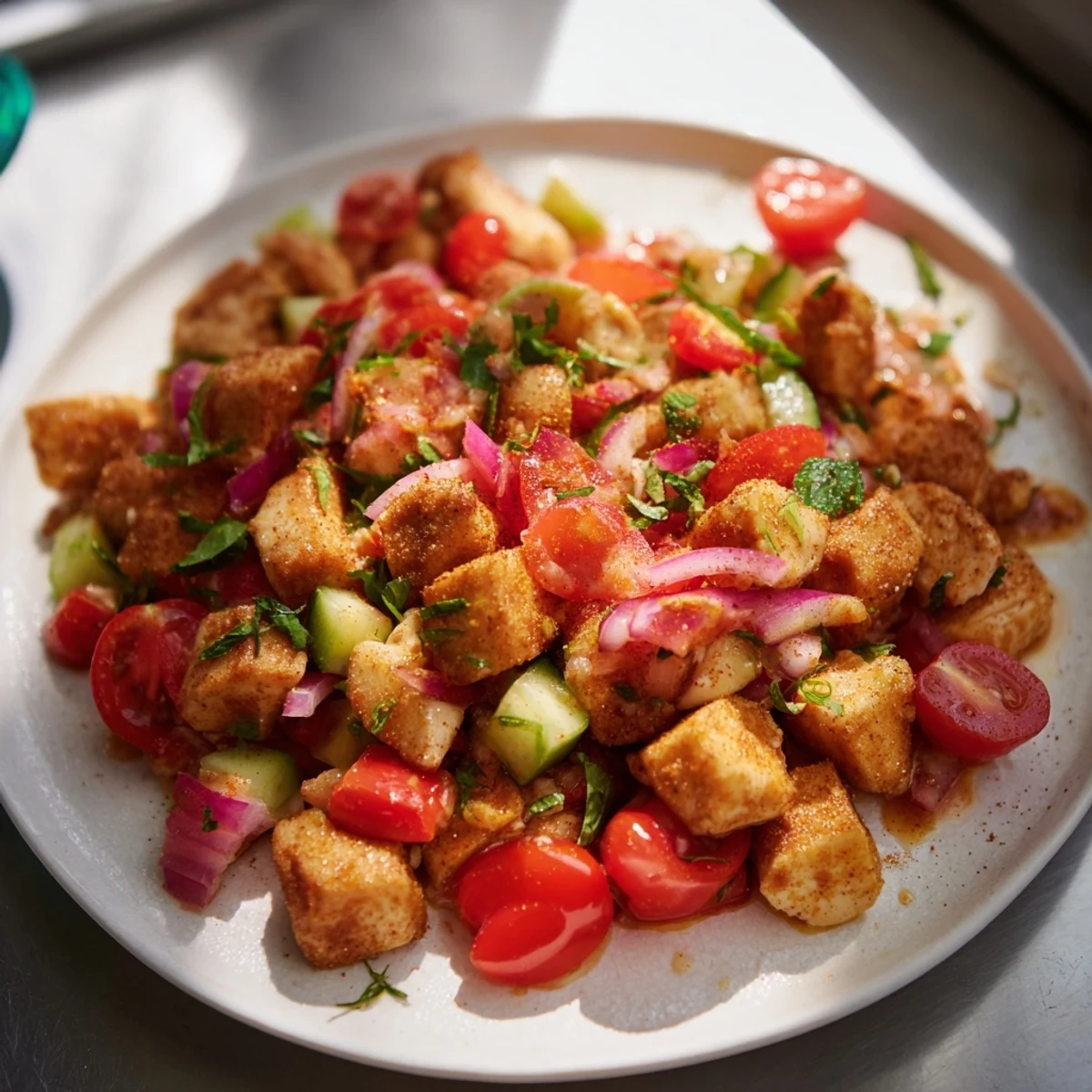 A vibrant Cucumber and Chicken Clean Shaker salad with fresh herbs and juicy tomatoes.