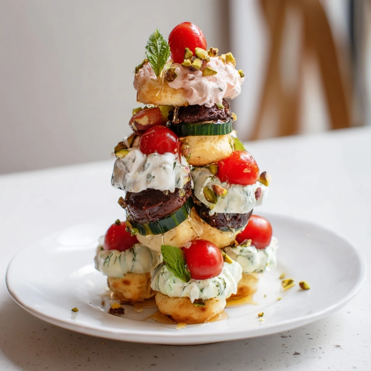 A decadent Tour d'Éléphant Goûter Gourmand layered with brownies, cream, and fresh strawberries.