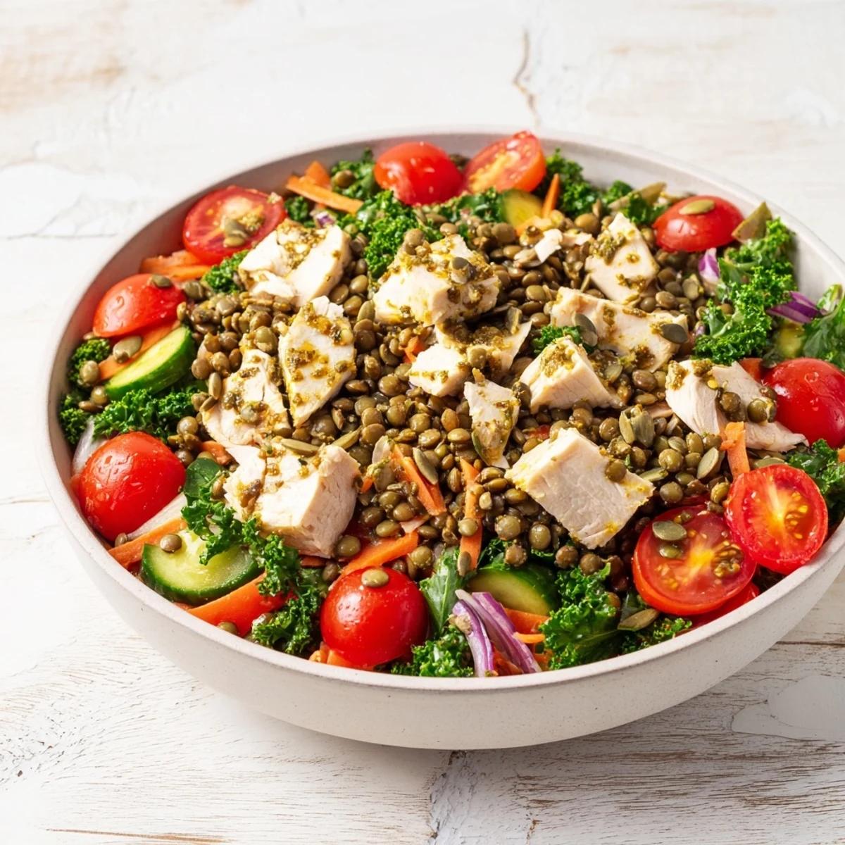 Chicken and Lentil Recession Salad bursting with colorful veggies, ready for a delicious, healthy meal.