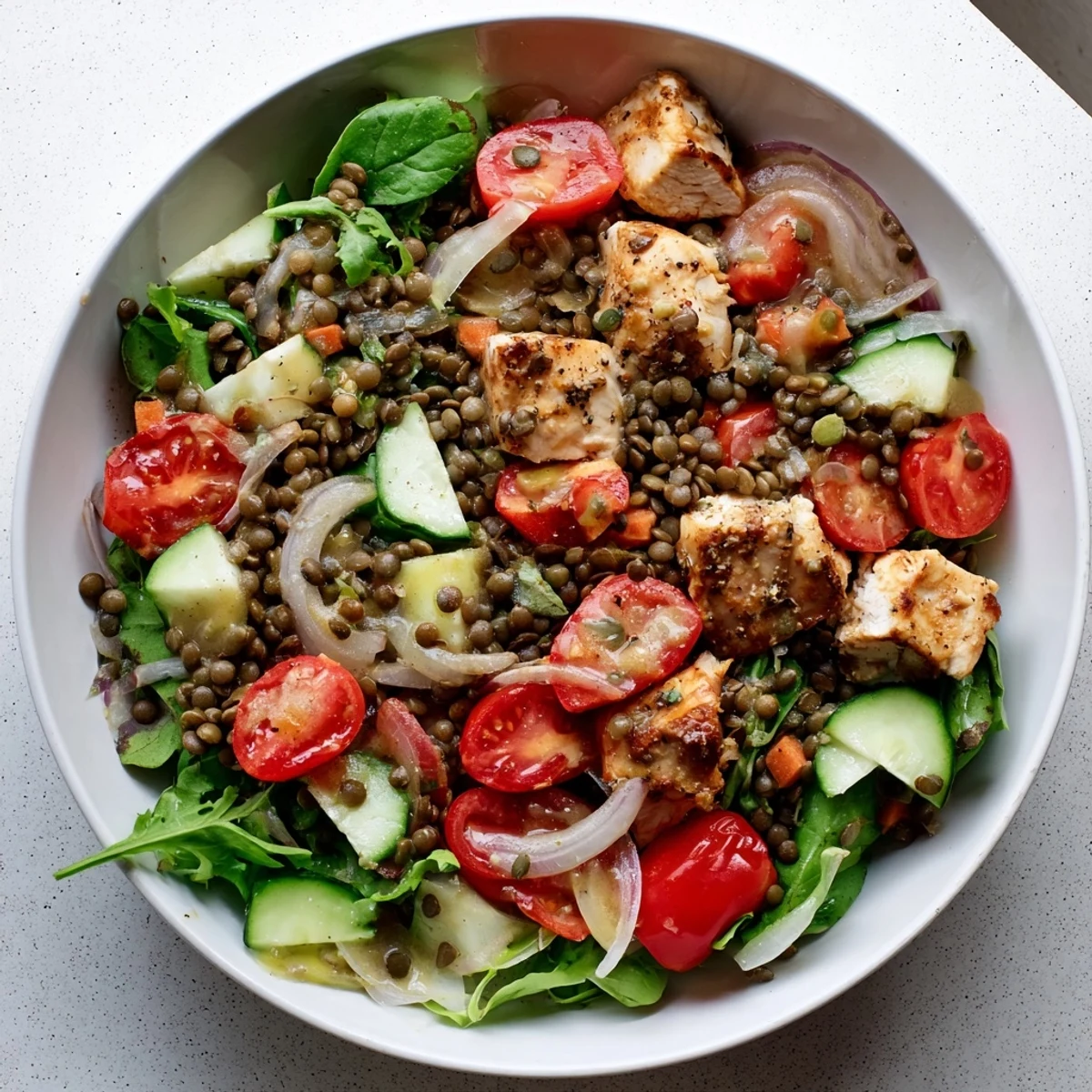 Earthy lentils and tender chicken combine in a vibrant Chicken and Lentil Recession Salad, perfect for chilling.