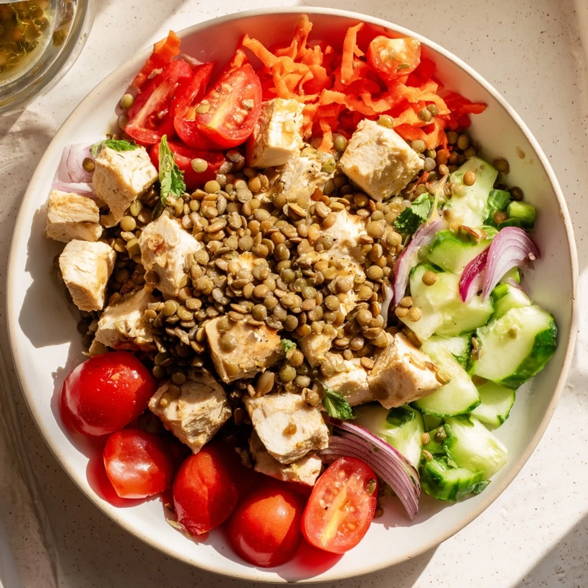 A close-up shot of savory Chicken and Lentil Recession Salad, a healthy and filling high-fiber salad.
