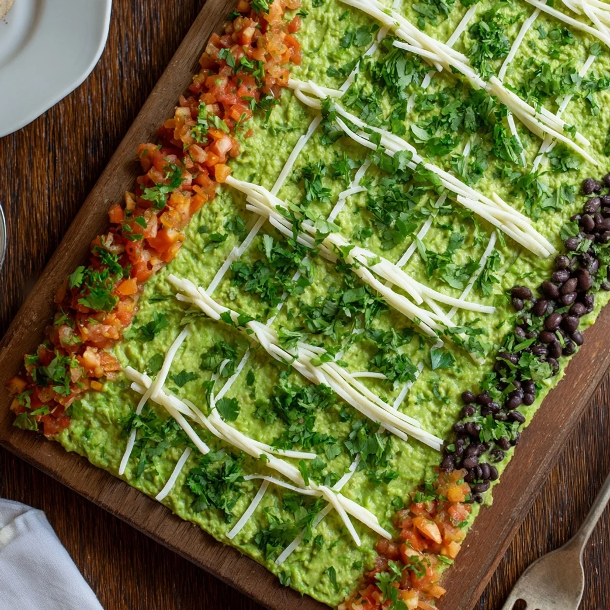 Vibrant Game Day Football Field Snack Board with guacamole “turf”, colorful snacks, and tasty dips.