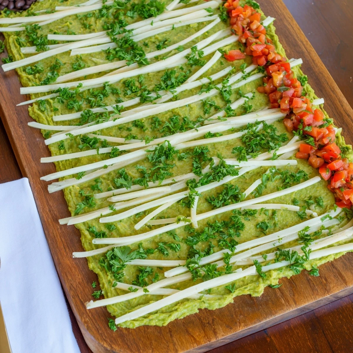 A visually appealing Game Day Football Field Snack Board complete with cheese yard lines and a spread of savory snacks.