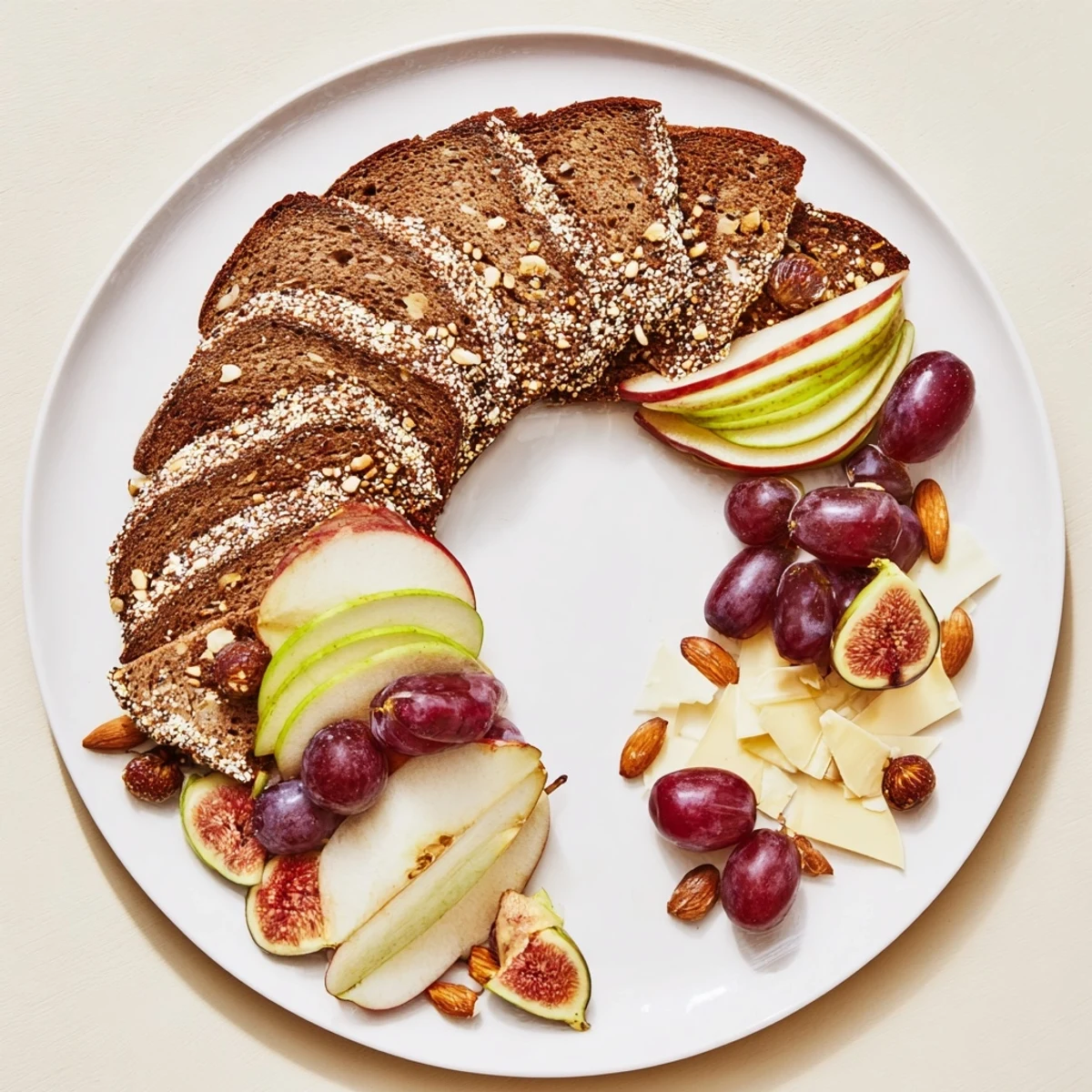 The Harvest Scythe bread and fruit platter, showcasing sliced breads and vibrant, ripe fruits.