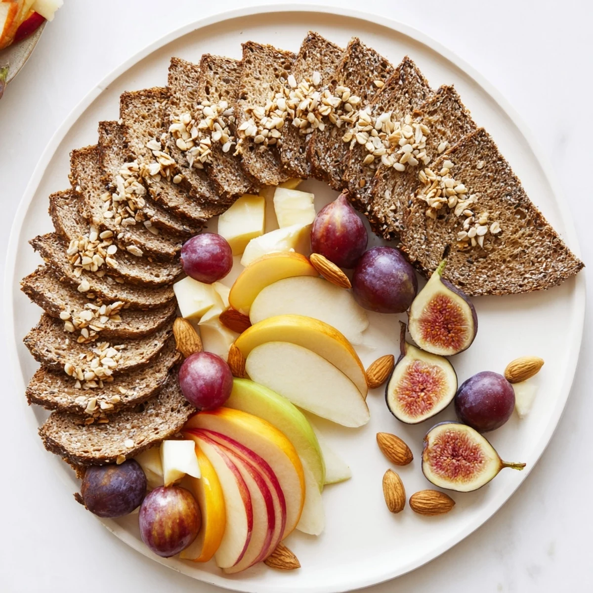 A Harvest Scythe arrangement, a rustic bread basket loaded with grains and fresh, colorful fruit.