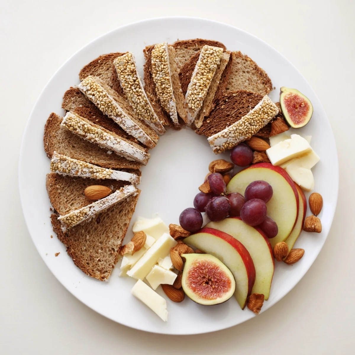 Enjoy this Harvest Scythe featuring a generous selection of breads, cheeses, grains, and fruits.