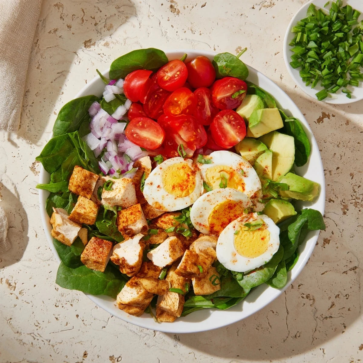 Freshly made High-Protein Chicken and Egg Salad, a visually appealing blend of textures and colors.
