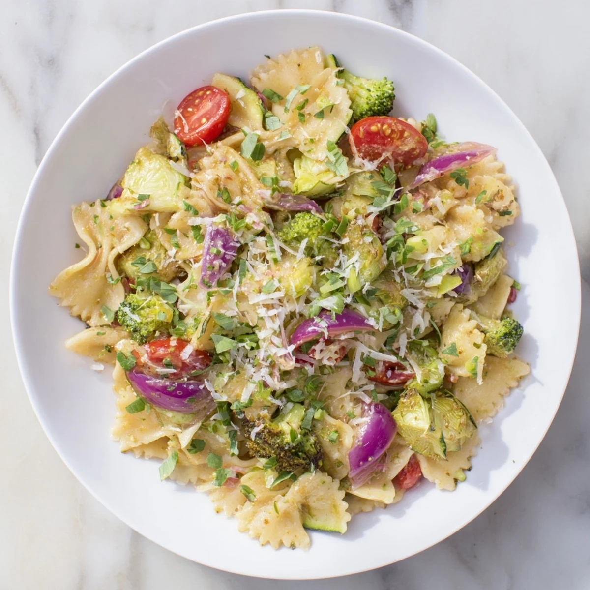 Air-fried colorful vegetables and ditalini pasta, tossed with fresh herbs, ready to enjoy.