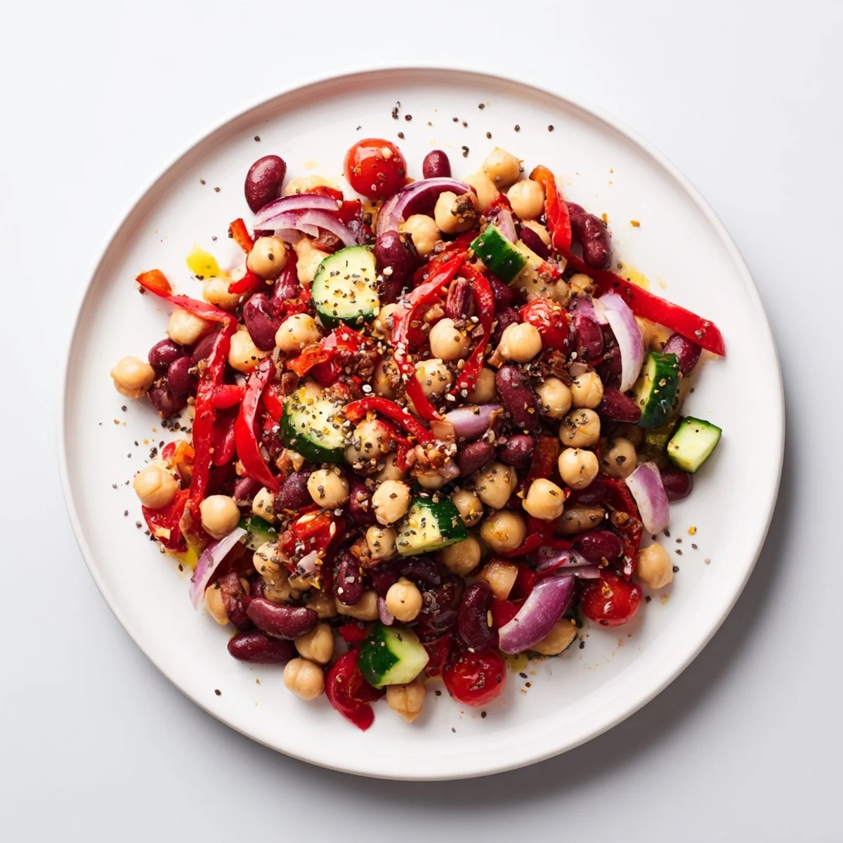 Vibrant Dense Bean Salad boasts colorful veggies, a protein-packed vegan lunch option.