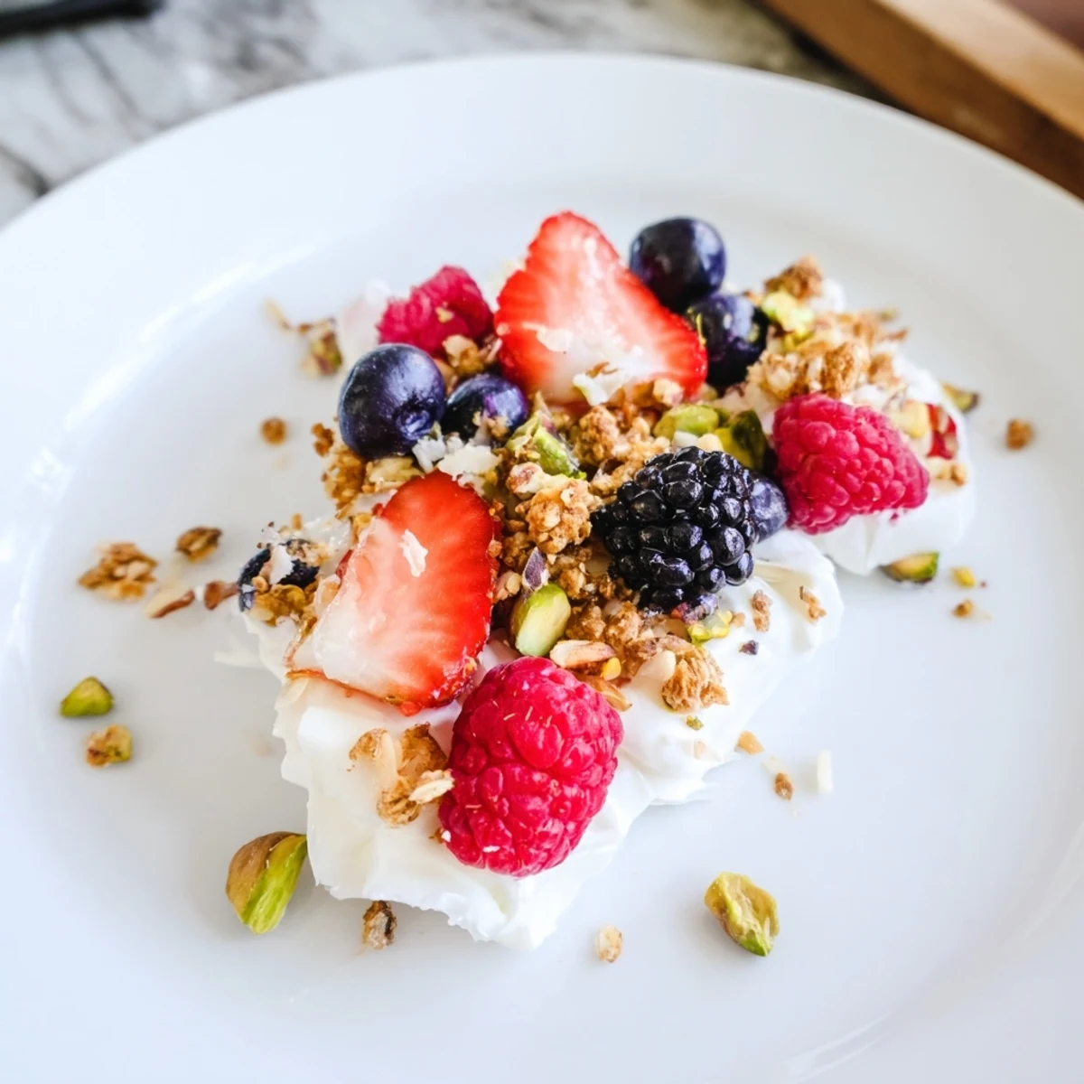 Vibrant Berry Yogurt Bark, a frozen treat with layers of creamy yogurt and colorful berries.