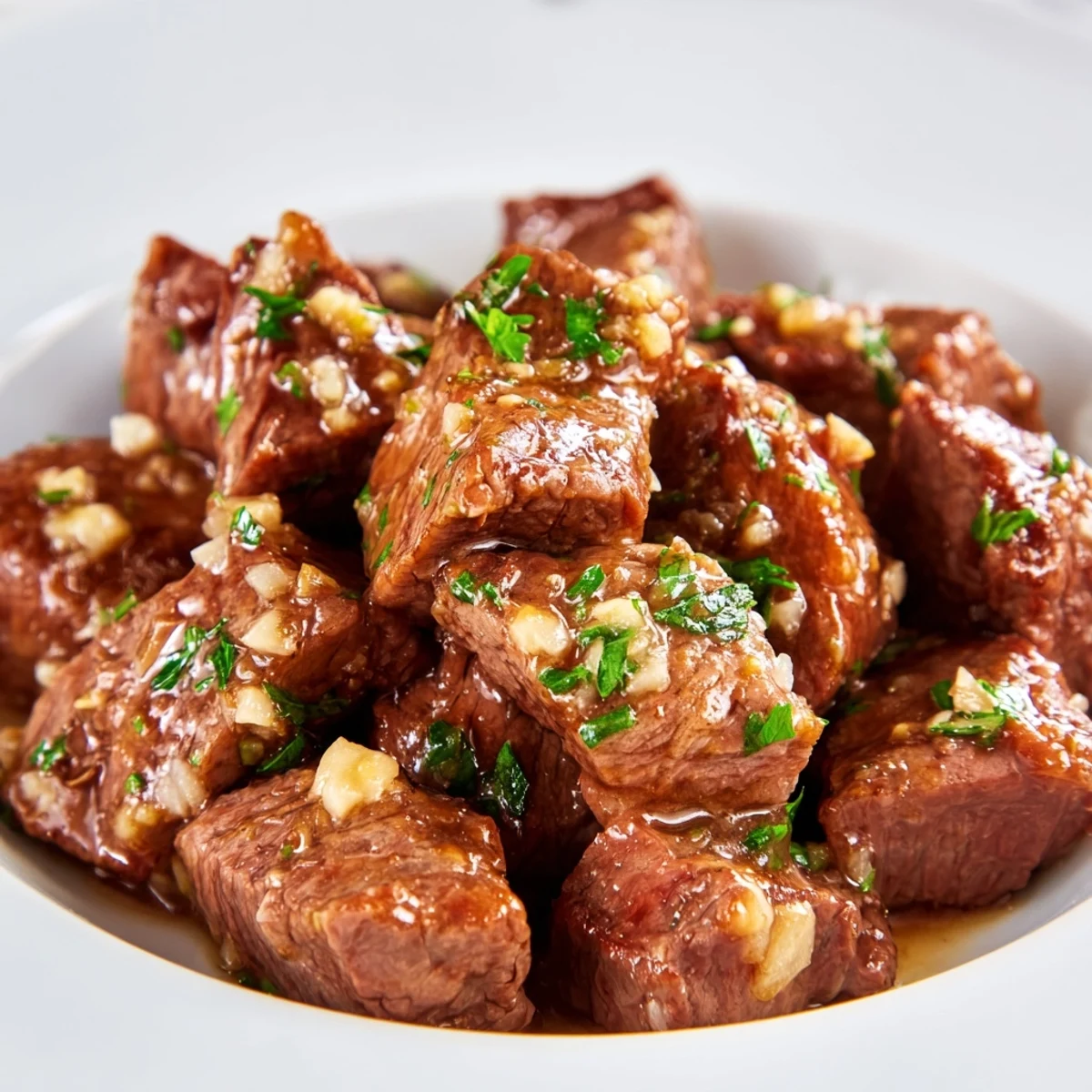 Air-fryer garlic-butter steak bites: golden-brown, glistening, and ready to be drizzled with flavorful sauce.