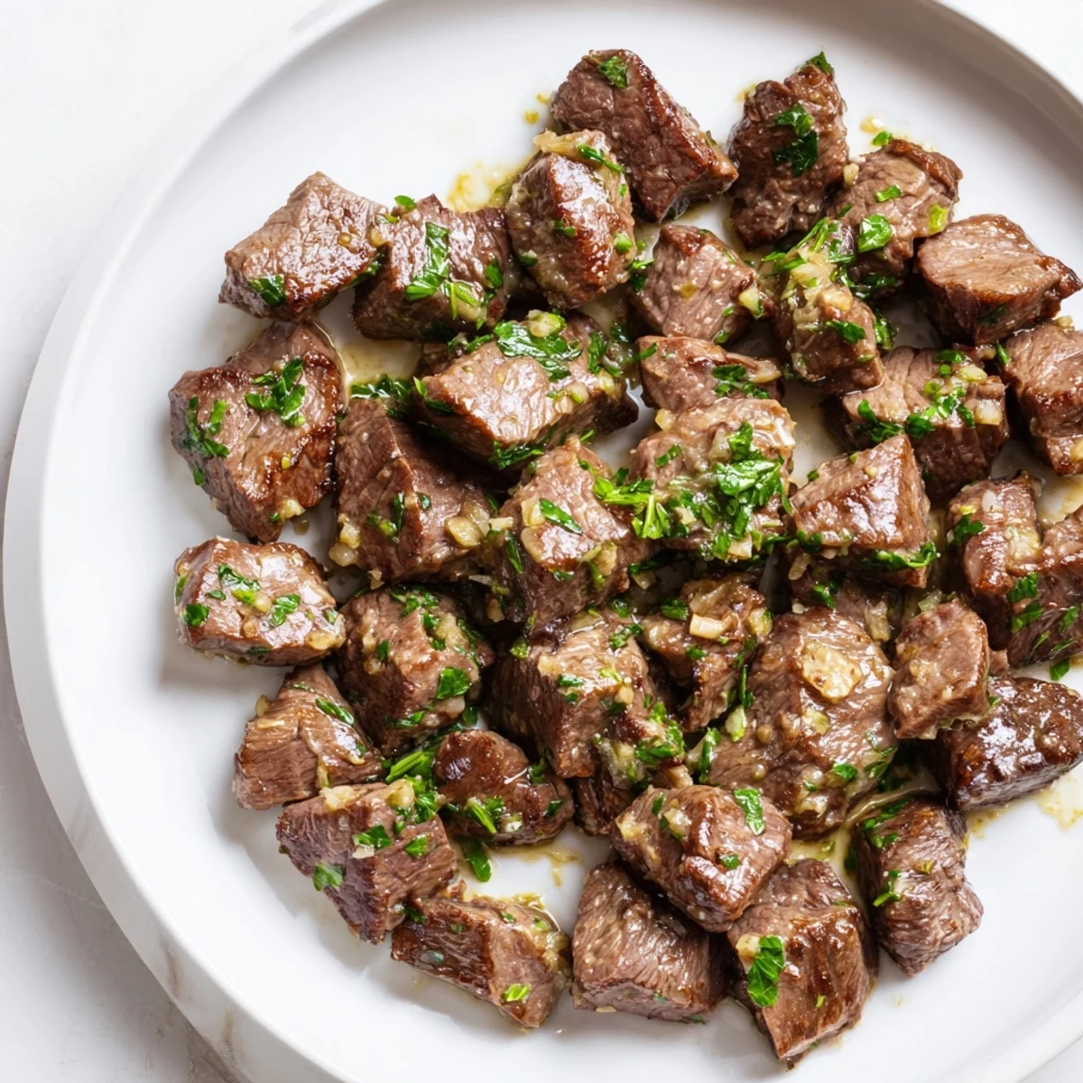Picture perfect air-fryer garlic-butter steak bites, deliciously tender and coated in a garlic-infused butter glaze.