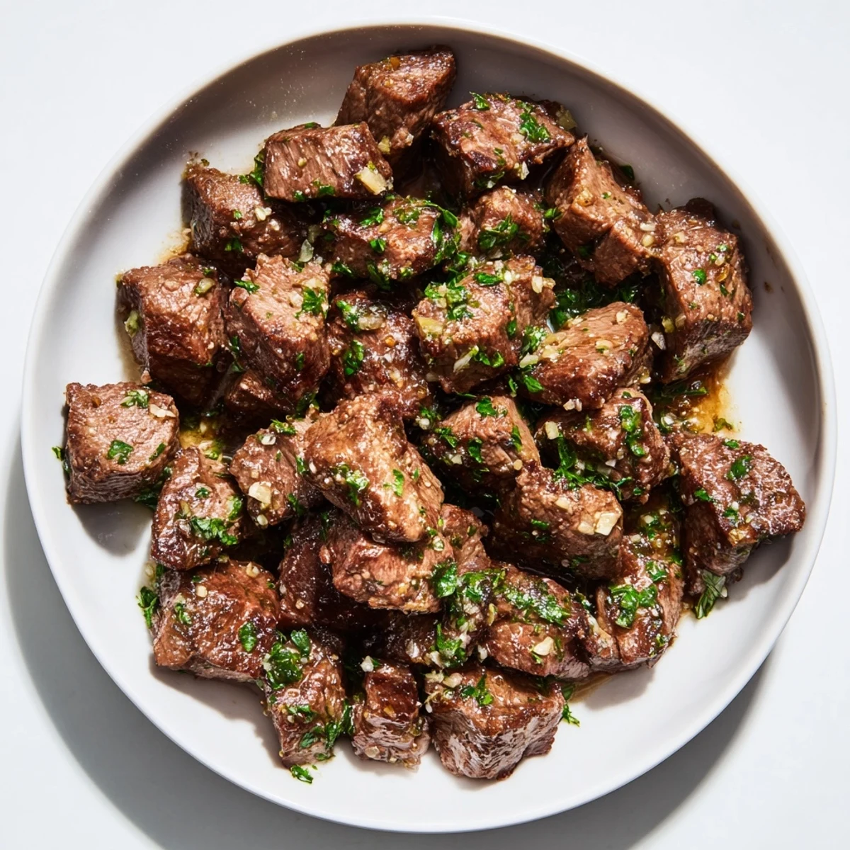 Close-up of vibrant air-fryer garlic-butter steak bites, a flavorful appetizer, sizzling with garlic-butter essence.