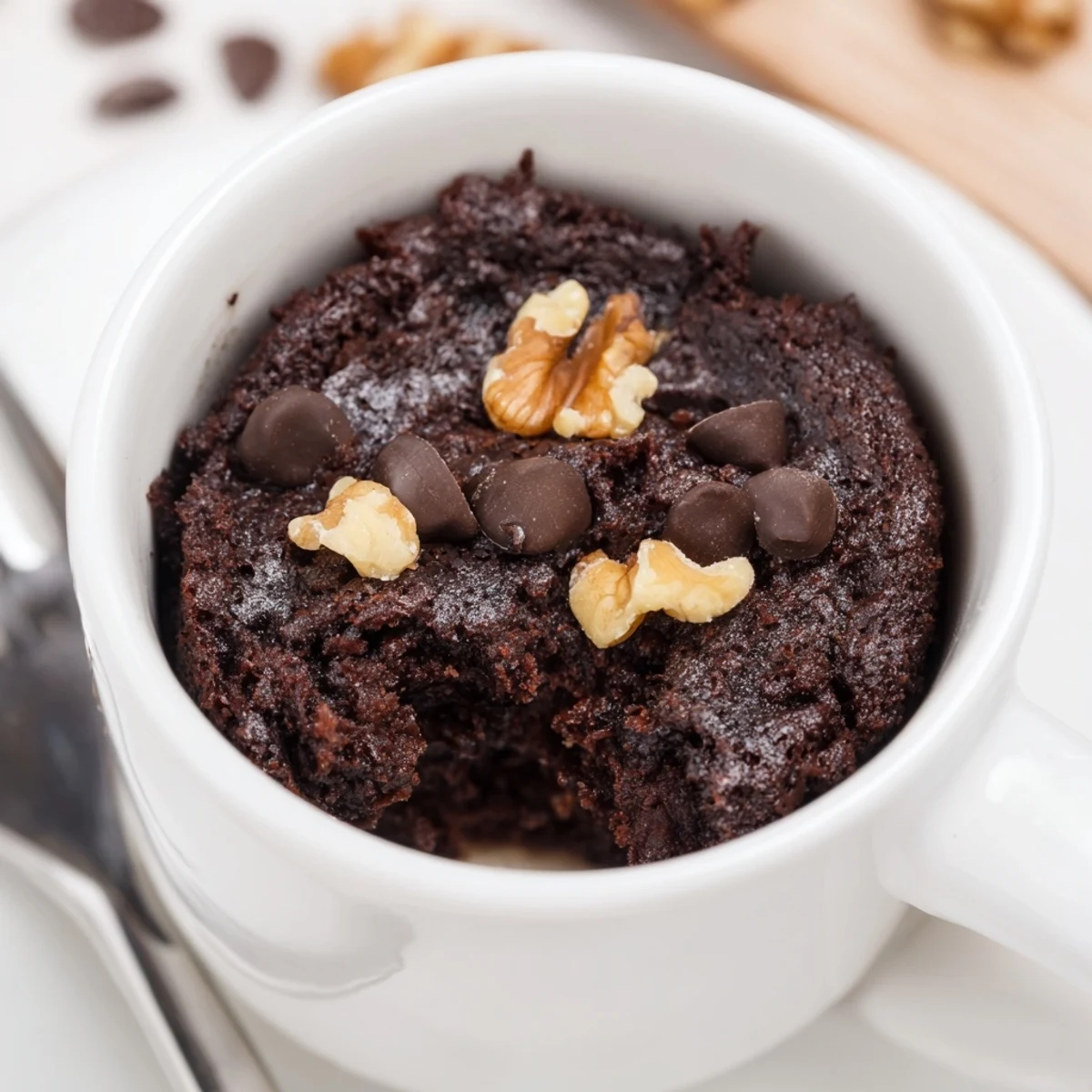 Steaming mug brownie with chocolate chips, ready for a quick, decadent dessert experience.