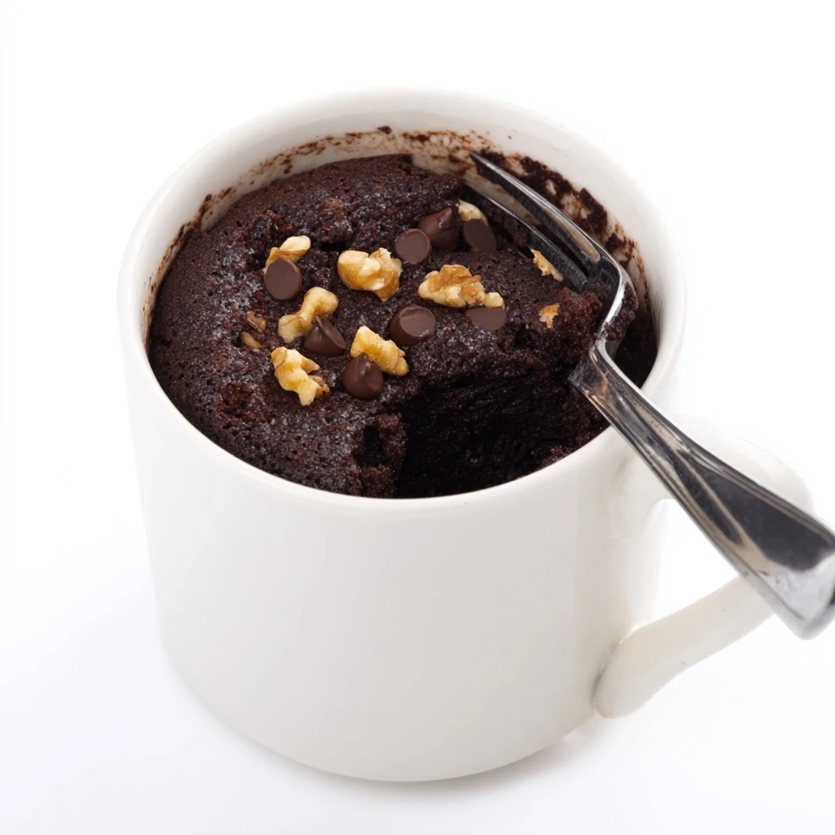 A single-serving mug brownie, freshly microwaved and glistening, awaits a sweet, rich bite.