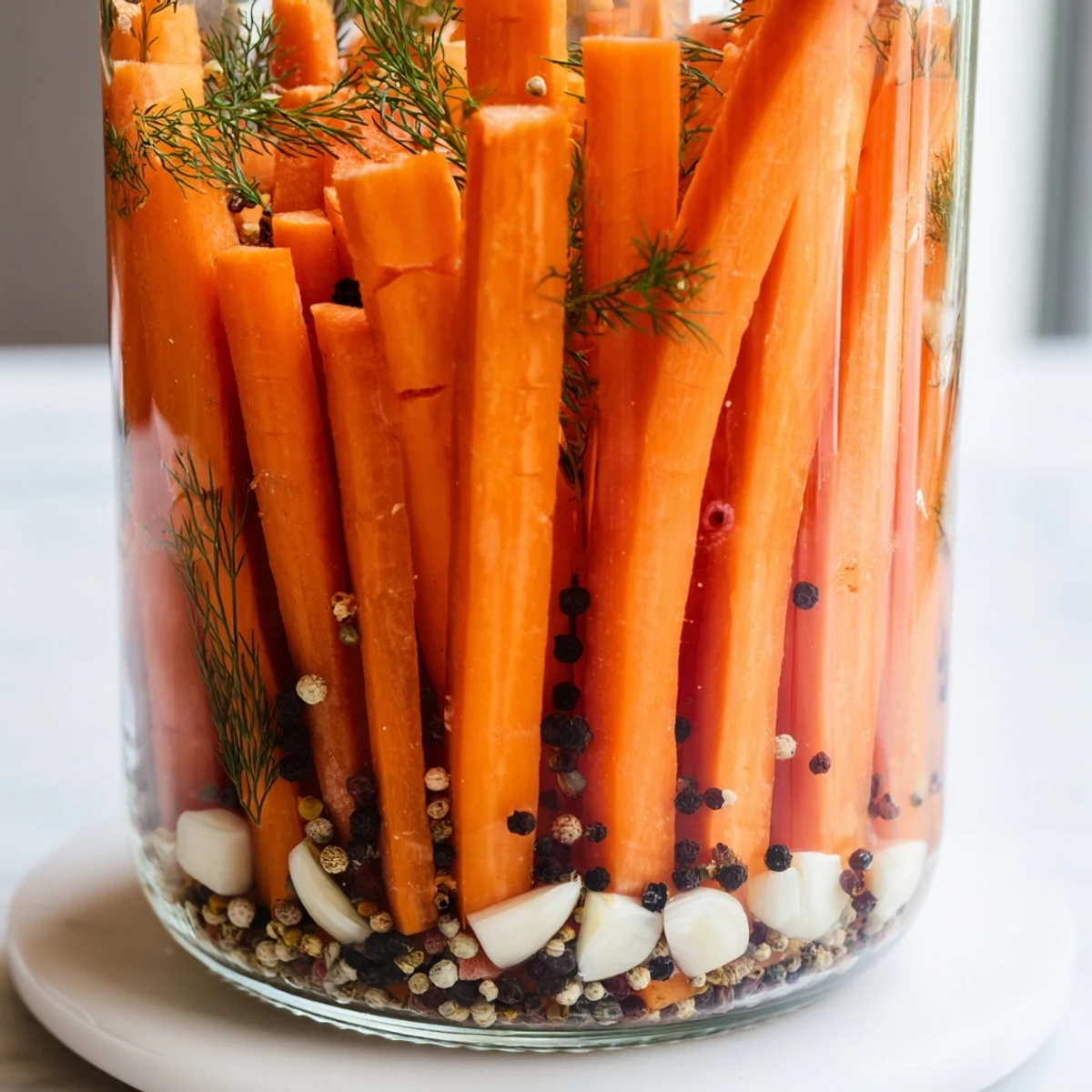 Quick Pickled Carrot Spears arranged in a glass jar, vibrant and ready for a refreshing bite.