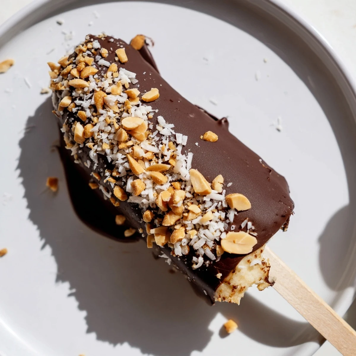 Frozen Banana Chocolate Pops, coated in rich chocolate and peanuts, ideal summer treat.