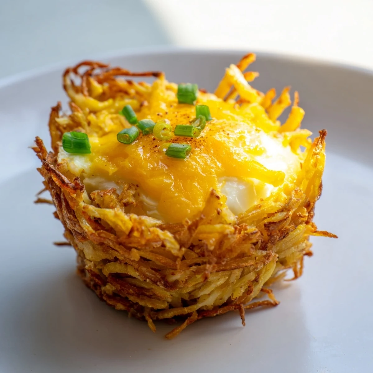Golden, crispy Crispy Hashbrown Egg Nests with a runny yolk and melted cheese, perfect breakfast.