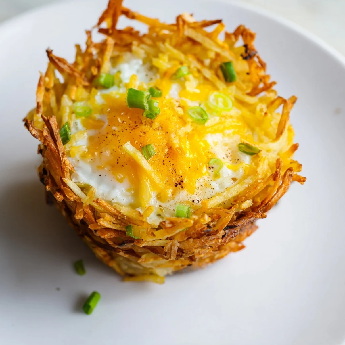 Imagine fluffy eggs baked into crispy, delicious Crispy Hashbrown Egg Nests garnished with fresh chives.