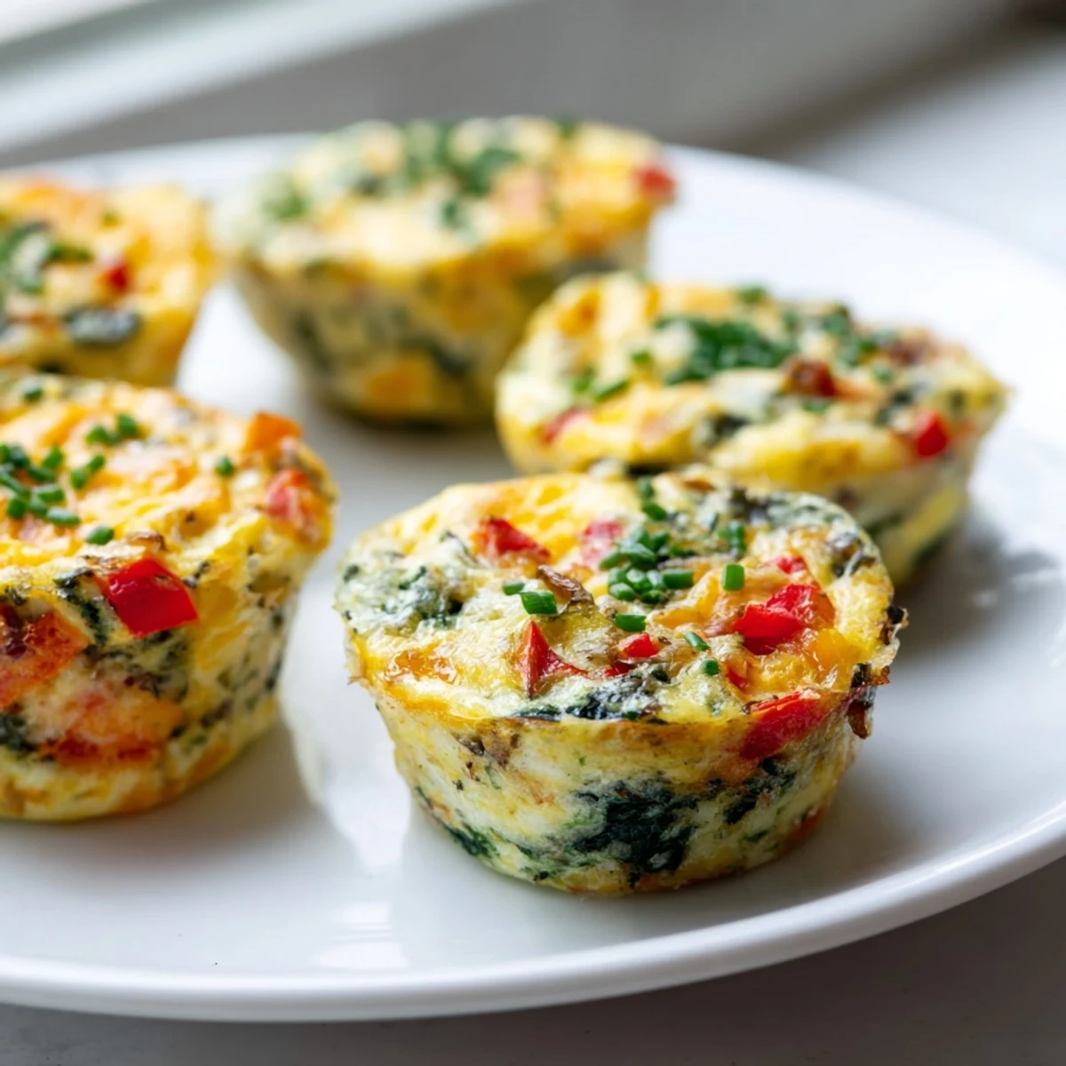 Freshly-baked mini crustless quiches, served warm, showcasing a savory breakfast with herbs and cheese.
