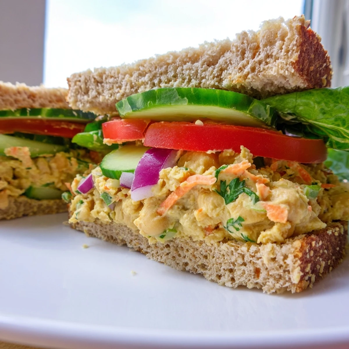 Golden-hued Easy Chickpea Salad Sandwich, bursting with fresh veggies, ready for a delicious, quick vegan lunch.