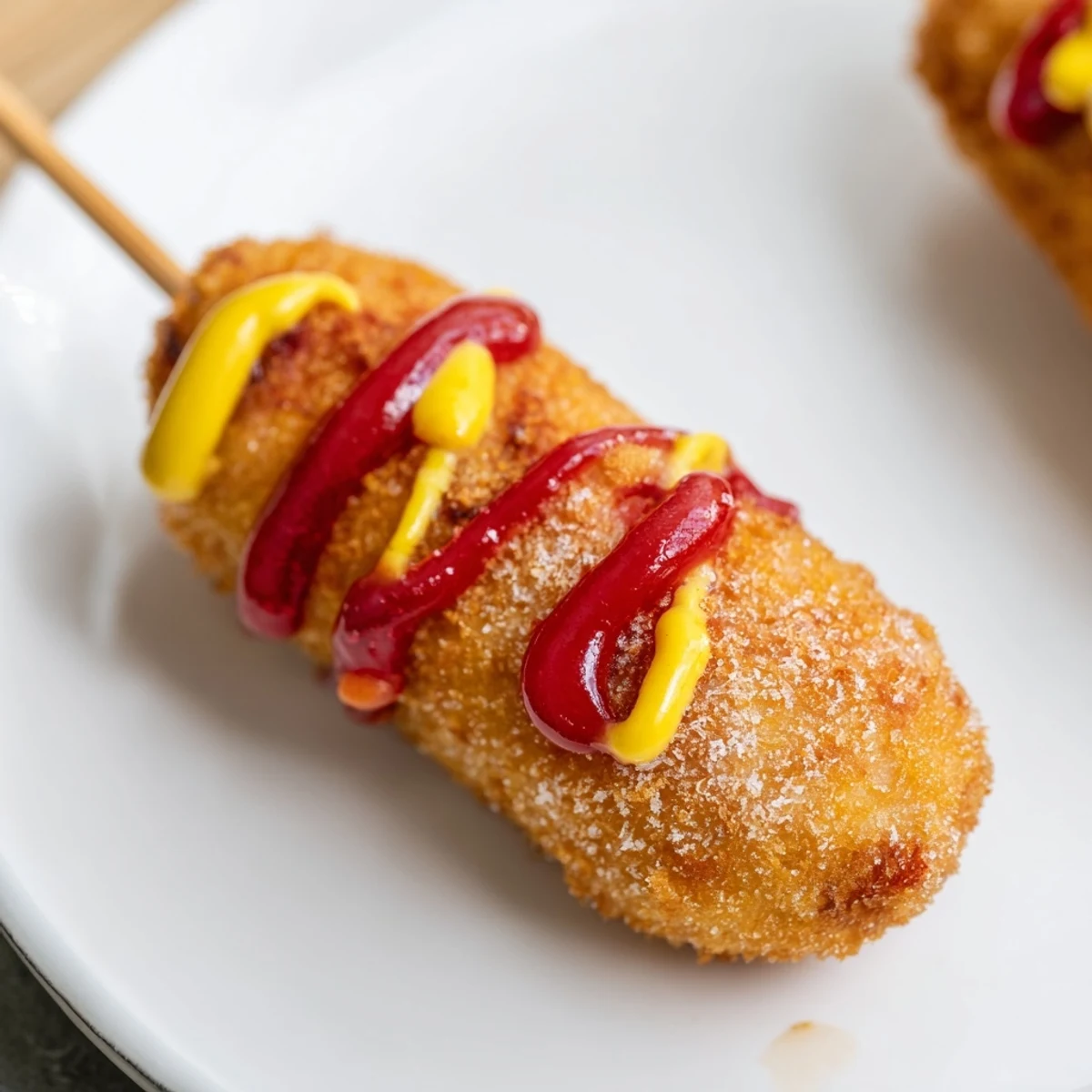 Golden, crispy Korean-inspired corn dogs, perfect handheld snacks, ready for dipping and enjoying.
