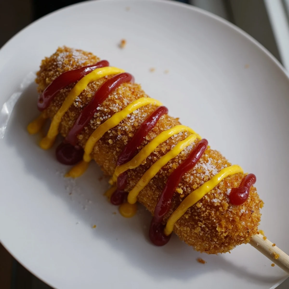 Freshly fried Korean corn dogs, coated in panko, awaiting a drizzle of ketchup and mustard.