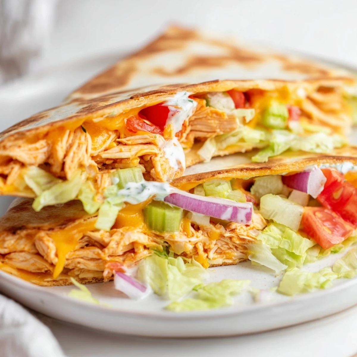 Golden-brown buffalo chicken wrap with melted cheese and fresh veggies, ready to enjoy.
