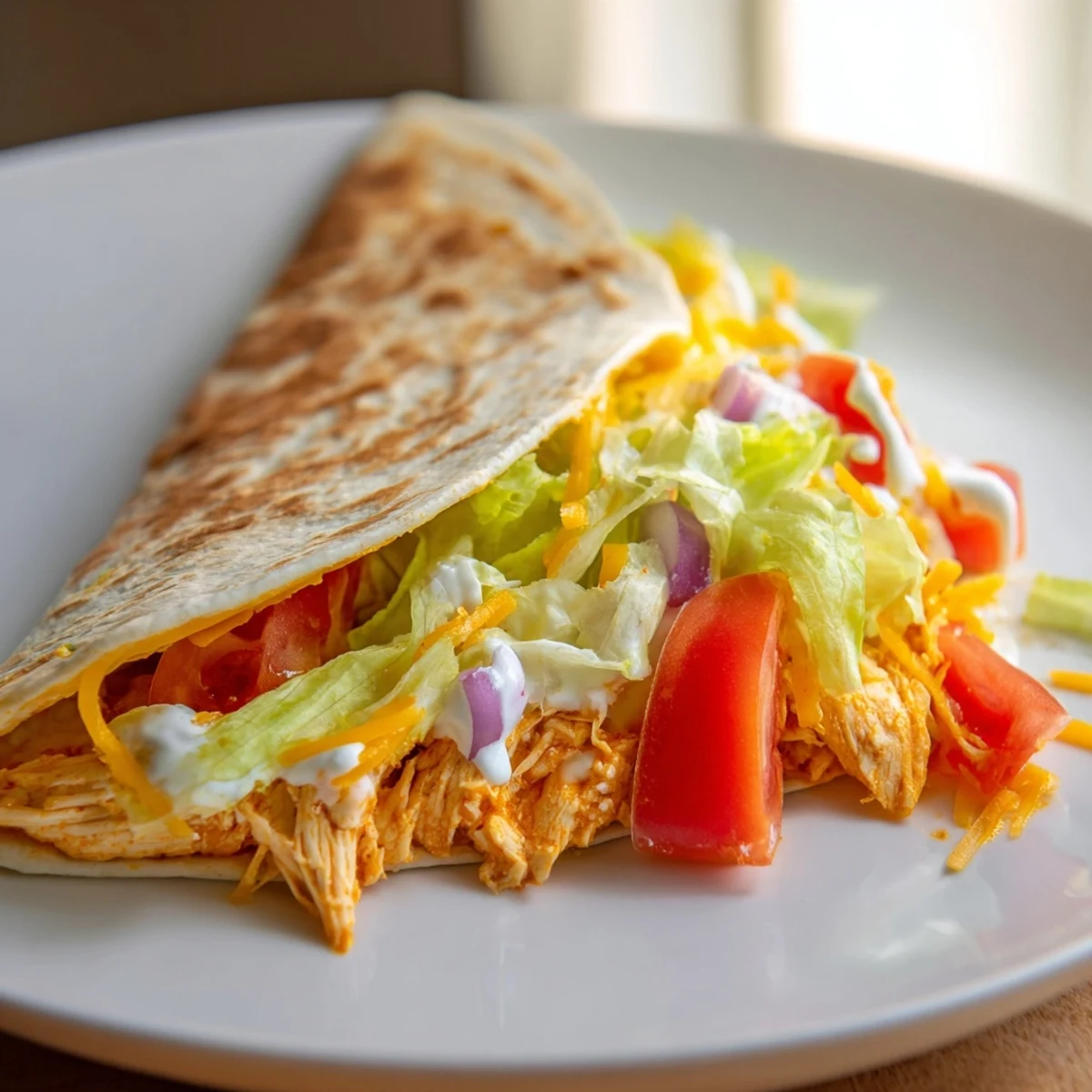 Folded buffalo chicken wrap with a creamy ranch drizzle and colorful, crisp fillings.