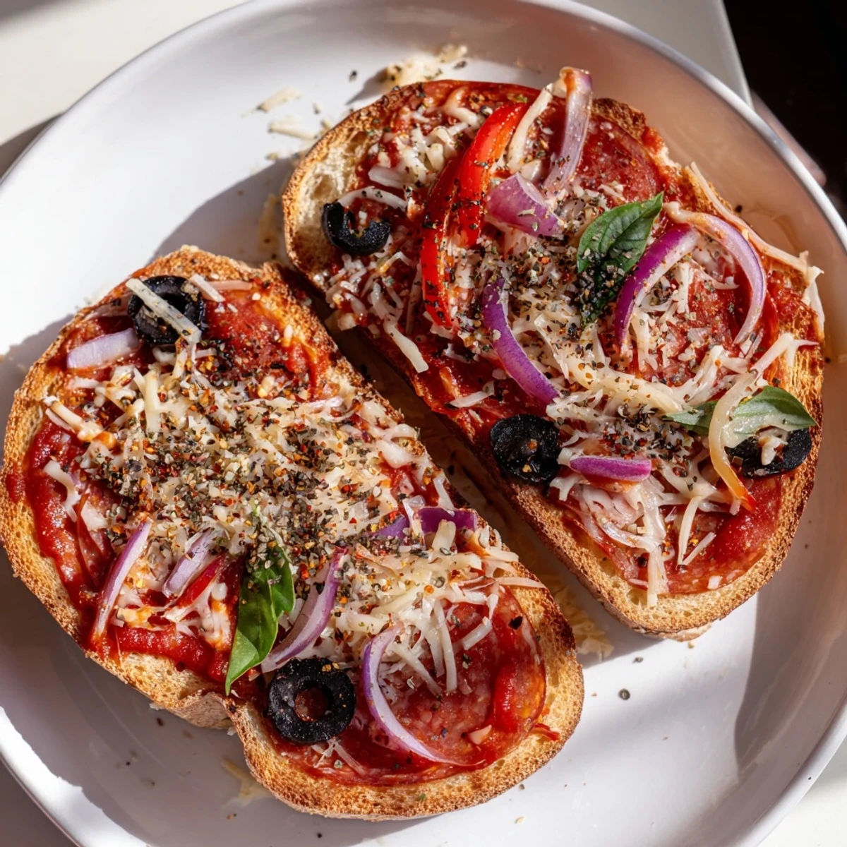 A close-up shot of the Pizza Toast 2.0, showing layers of melted cheese and fresh basil.