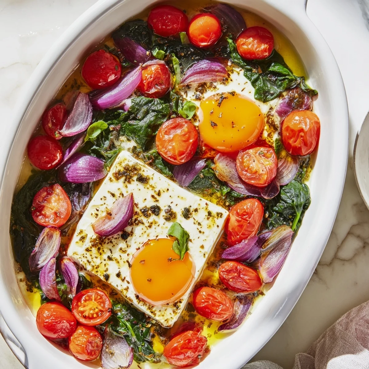 Creamy baked Feta Eggs with bursting tomatoes, a flavorful Mediterranean breakfast ready to serve.